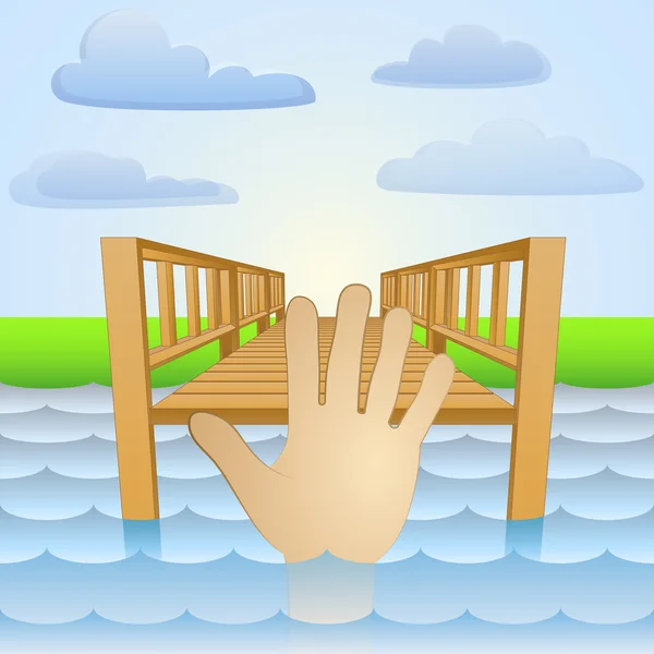Jetée de rivière avec main humaine dans le vecteur d'eau — Image vectorielle