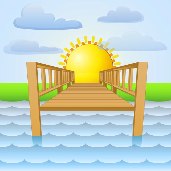 Muelle del río con sol naciente vector — Archivo Imágenes Vectoriales