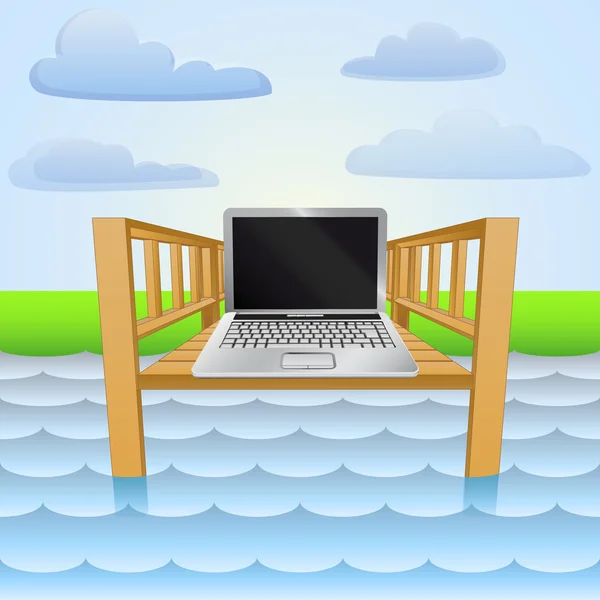 Rivier pier met laptop web surfen ontspannen vector — Stockvector