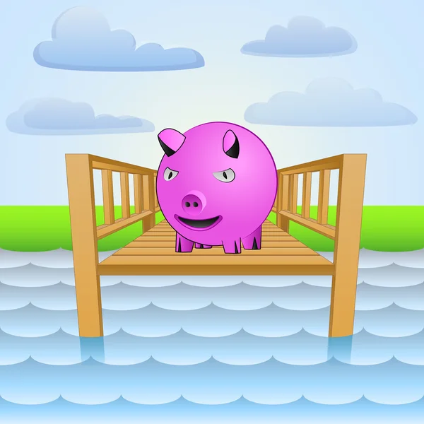 Muelle del río con feliz vector de cerdo rosa — Archivo Imágenes Vectoriales