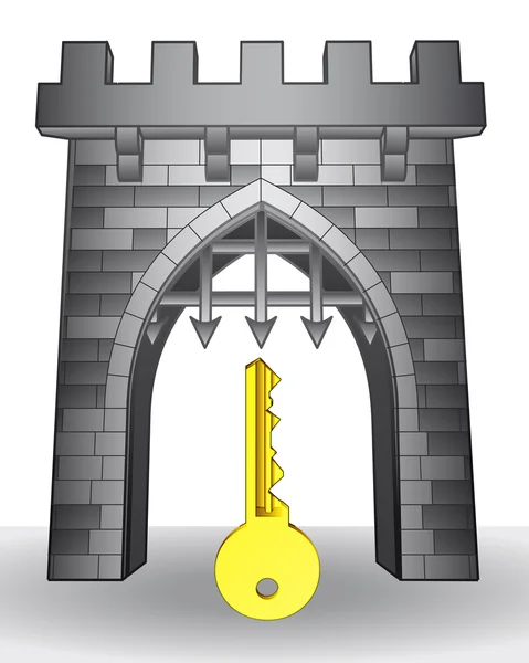 Passagem do portão à segurança com vetor chave dourado —  Vetores de Stock