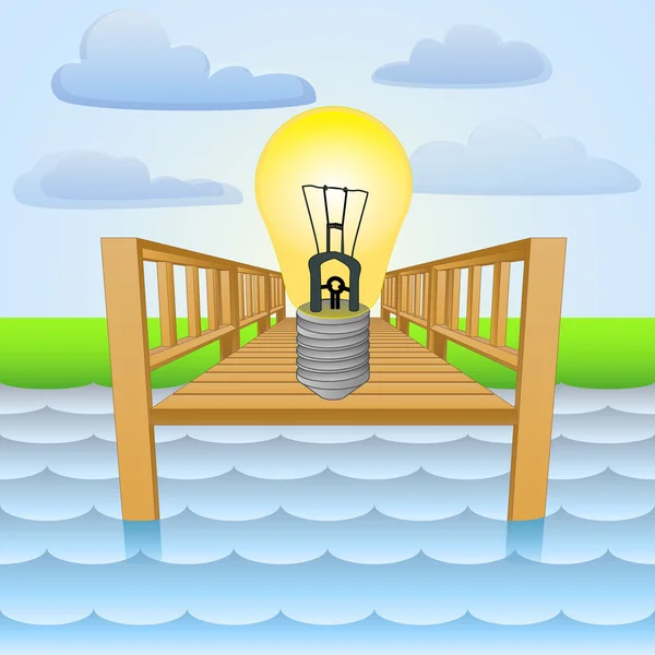 Muelle del río con brillante vector de señal de bulbo amarillo — Vector de stock