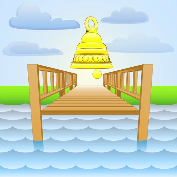 River pier with ringing golden bell vector — Stock Vector