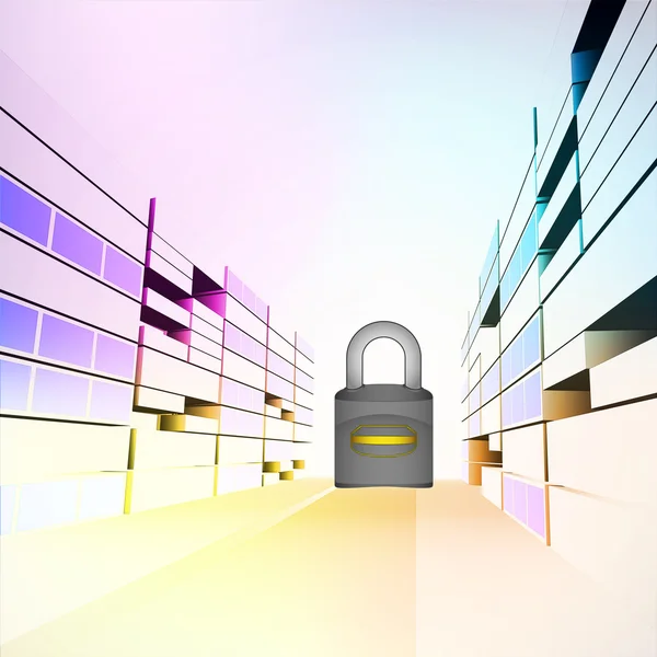 Security padlock in colorful city street vector — Stock Vector