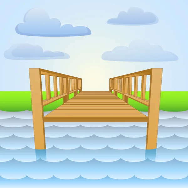 Houten pier over de rivier met strand en hemel vector — Stockvector