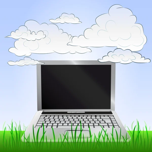 Internet laptop plezier in de vredige landschap vector — Stockvector
