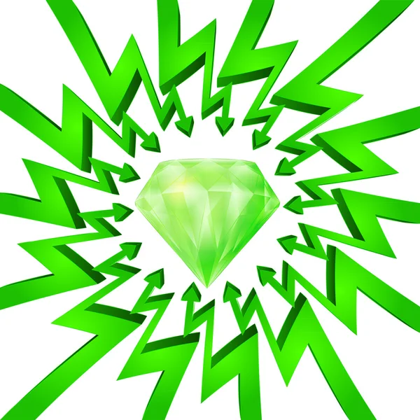 Grüne Kreispfeile fokussiert auf großen Diamantvektor — Stockvektor