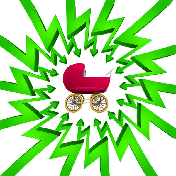 Flèches de cercle vert focalisées sur le vecteur de chariot bébé — Image vectorielle