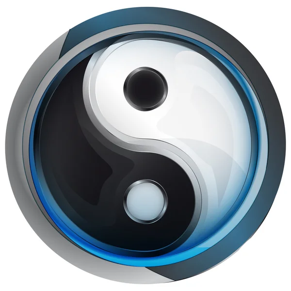 Ying y yang icono de la religión en el círculo de cristal brillante vector de botón — Vector de stock