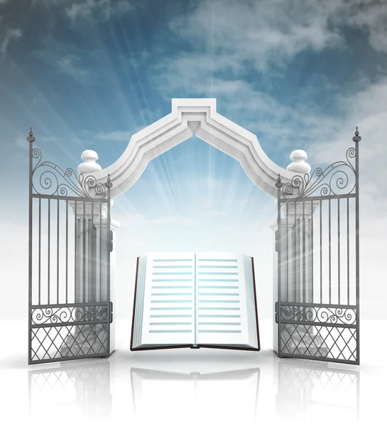 Cancello barocco aperto con Sacra Bibbia e cielo — Foto Stock
