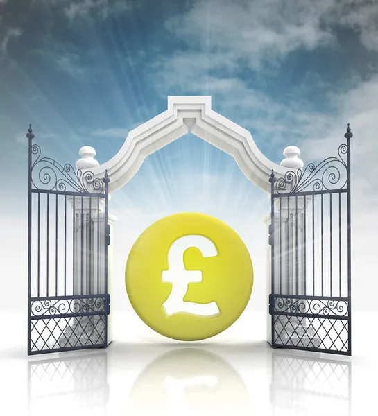 Open baroque gate with pound coin and sky — Stock Photo, Image