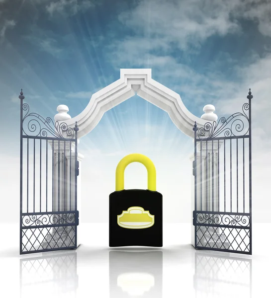 Open baroque gate with padlock and sky — Stock Photo, Image