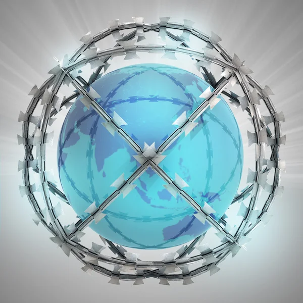 Asia on globe in barbed wire sphere with flare — Stock Photo, Image