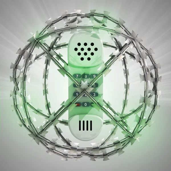 Phone in barbed wire sphere with flare — Stock Photo, Image