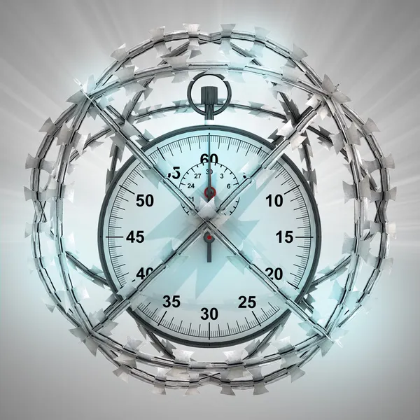 Stopwatch in barbed wire sphere with flare — Stock Photo, Image