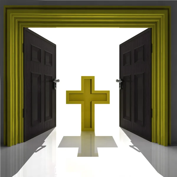 Holy cross in golden framed doorway — Stock Photo, Image