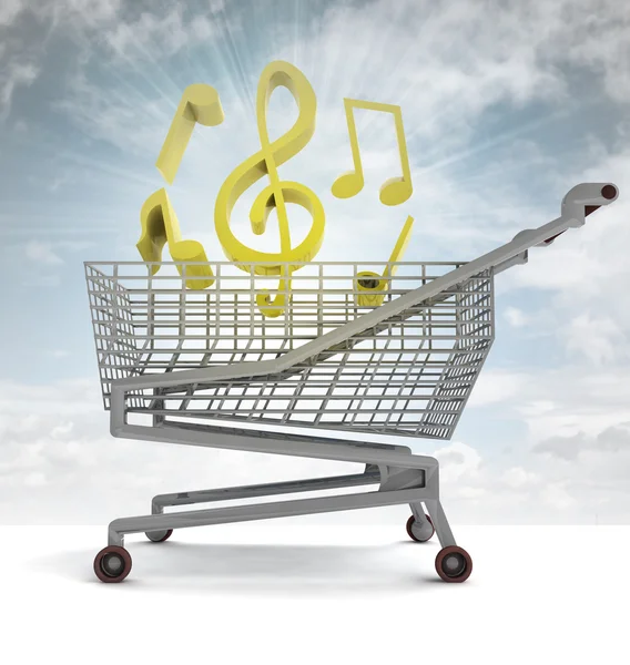 Carrinho de compras cheio de música e clarão do céu — Fotografia de Stock