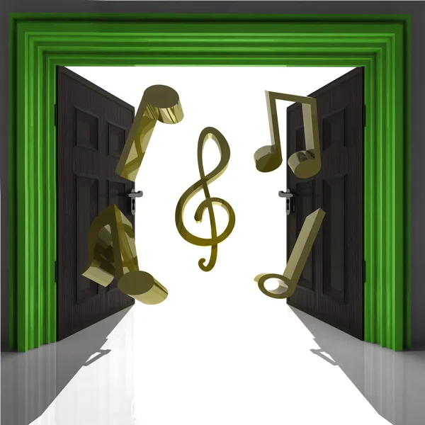 Flying music sound through green doorway — Stock Photo, Image