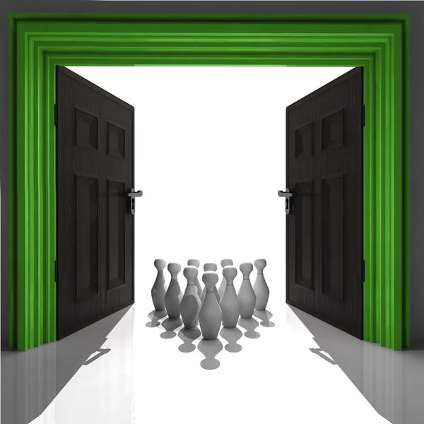 Ninepins in green framed doorway — Stock Photo, Image