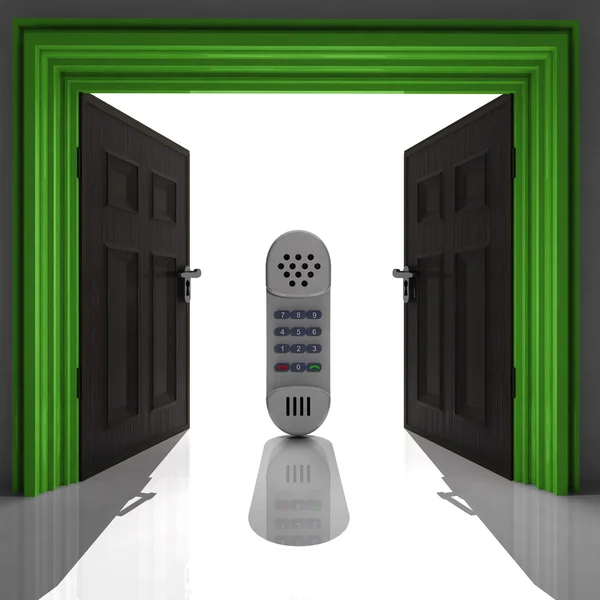 Retro hand phone in green doorway — Stock Photo, Image