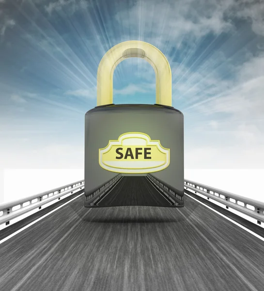 Highway with shiny padlock with sky flare — Stock Photo, Image
