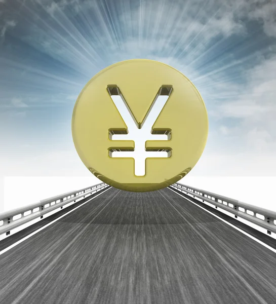 Highway with yen or yuan coin and sky flare — Stock Photo, Image