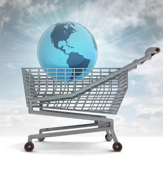 Shoping cart with america on globe and sky flare — Stock Photo, Image