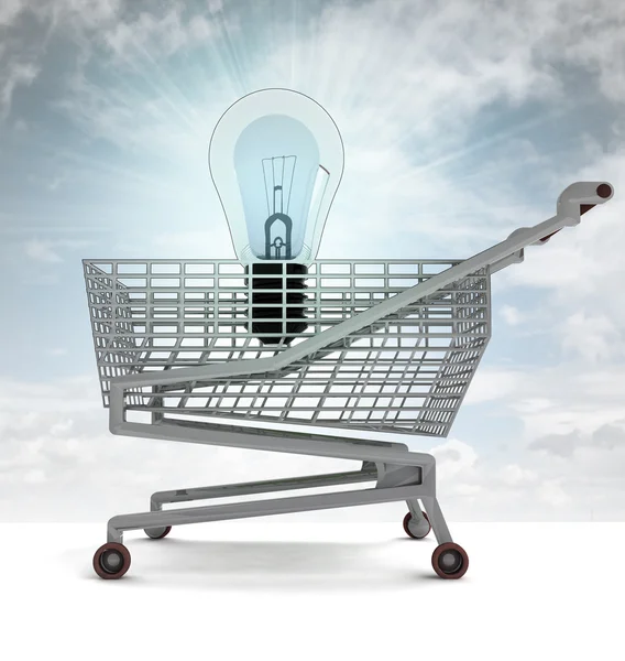 Shopping cart with shiny bulb and sky flare — Stock Photo, Image