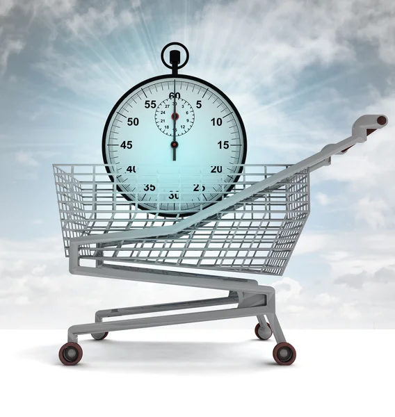 Shoping cart with blue stopwatch and sky flare — Stock Photo, Image