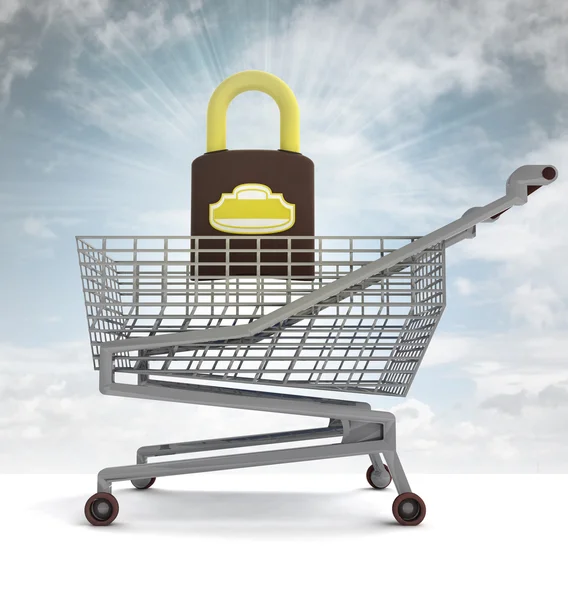 Shoping cart with closed padlock and sky flare — Stock Photo, Image