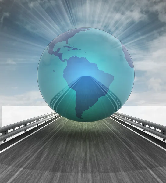 Highway with south america on globe with sky flare — Stock Photo, Image