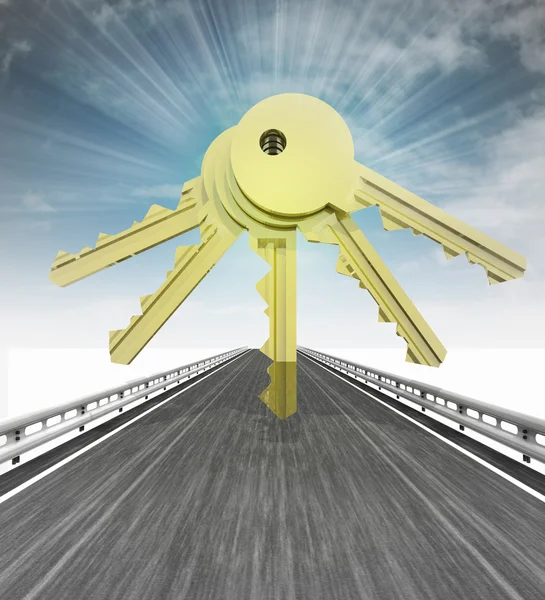 Highway with sseveral golden keys and sky flare — Stock Photo, Image