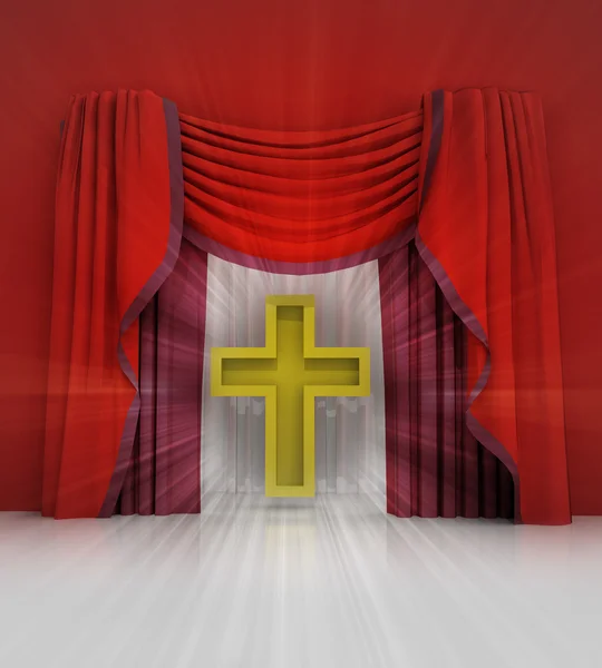 Escena de cortina roja con cruz dorada y bengala — Foto de Stock