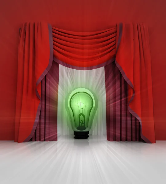 Red curtain scene with green shiny bulb and flare — Stock Photo, Image