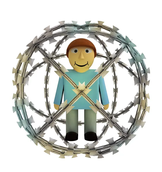 Isolated protected man in barbed sphere fence — Stock Photo, Image