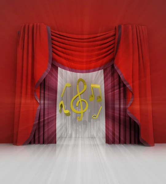 Red curtain scene with music sounds and flare — Stock Photo, Image