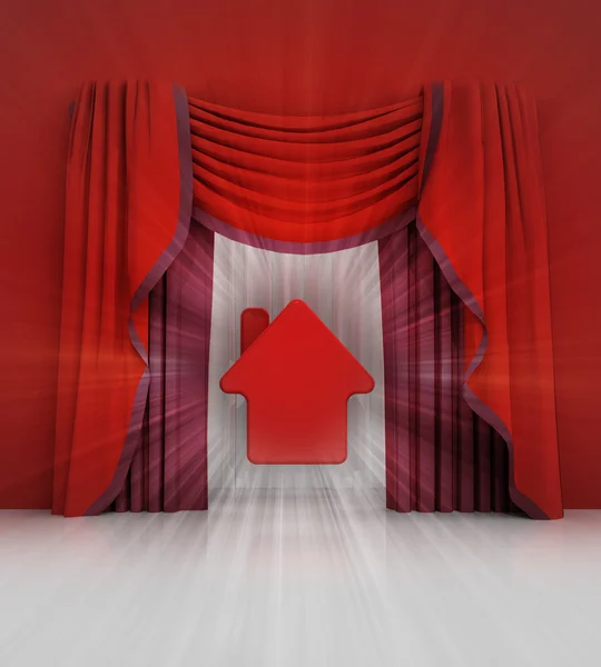 Escena de cortina roja con casa roja y bengala — Foto de Stock