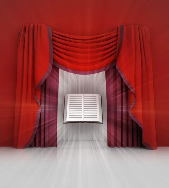 Cena cortina vermelha com livro de educação e flare — Fotografia de Stock