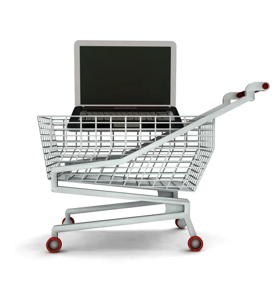 Gekocht nieuwe laptop in winkelwagen geïsoleerd — Stockfoto