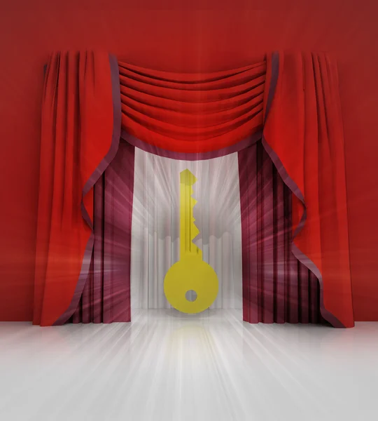 Red curtain scene with golden key and flare — Stock Photo, Image