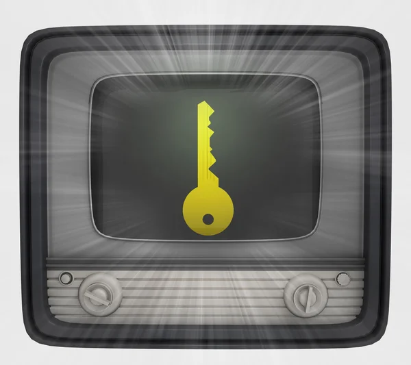 Golden key in retro television and flare — Stock Photo, Image