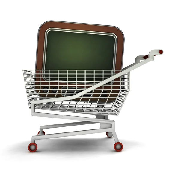 Bought television in shopping cart isolated — Stock Photo, Image