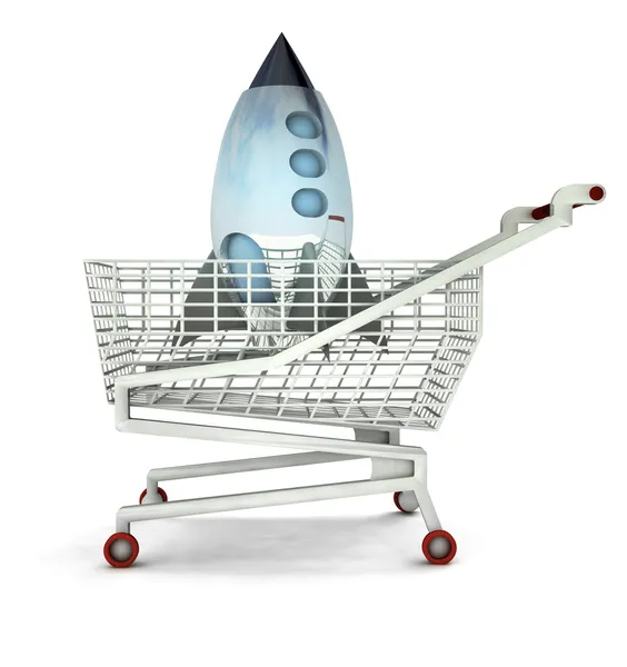 Bought space rocket toy in shopping cart isolated — Stock Photo, Image