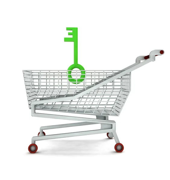 Key to satisfied buy in shopping cart isolated — Stock Photo, Image