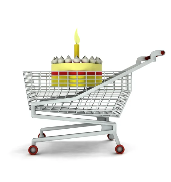 Bought birthday cake in shopping cart isolated — Stock Photo, Image