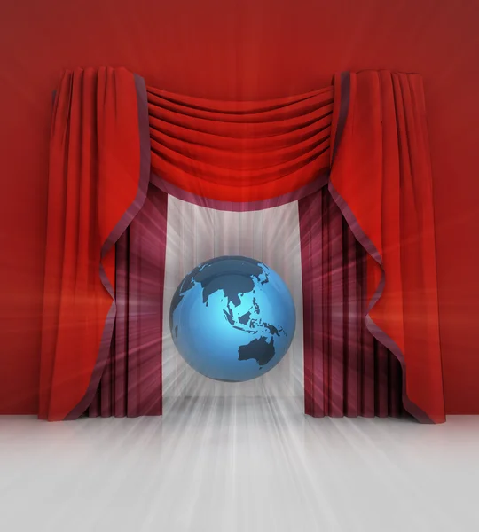 Red curtain scene with asia on globe and flare — Stock Photo, Image