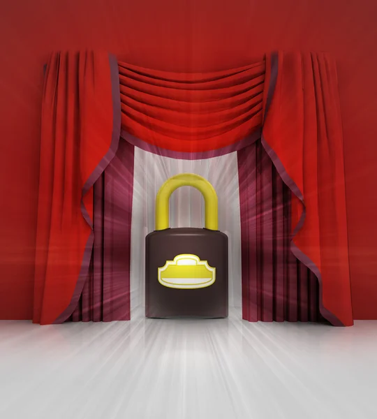 Red curtain scene with padlock and flare — Stock Photo, Image