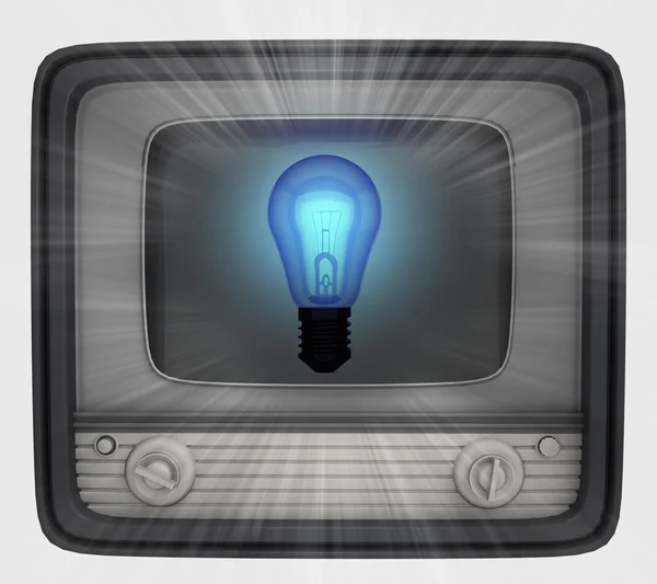 Blue shiny bulb in retro television and flare — Stock Photo, Image