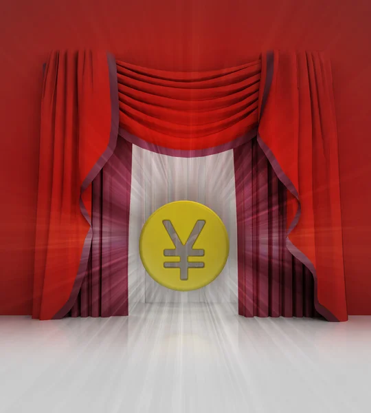 Red curtain scene with yuan or yen coin and flare — Stock Photo, Image