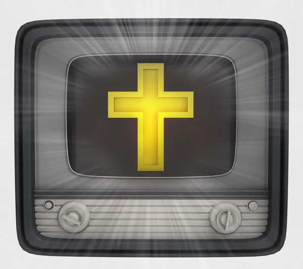 Золотий хрест в ретро телебаченні і полум'ї — стокове фото